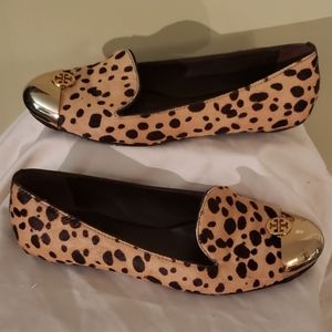 Tory Burch Calf Hair Women's Kaitlin Smoking Flats Cheetah Print/Gold Size 5